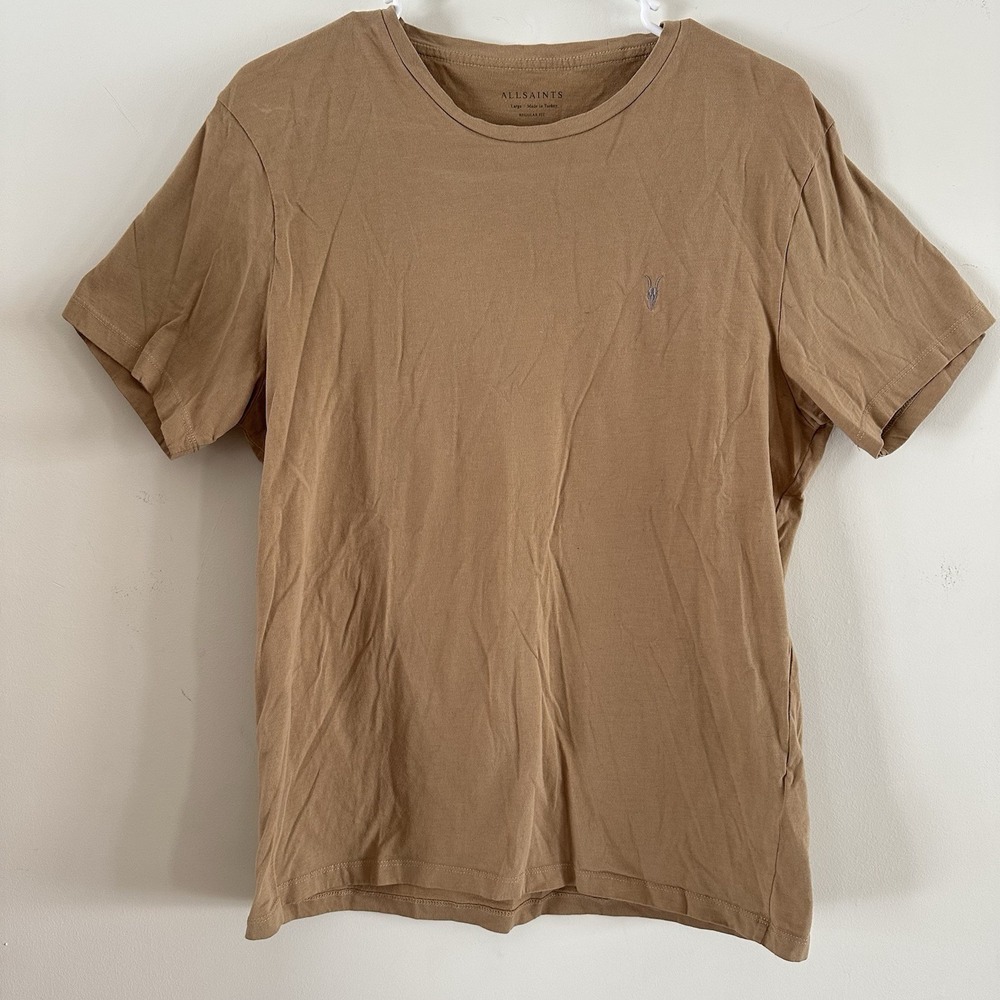 Men's All‎ Saints Taupe T Shirt Large Regular Fit Short Sleeve 100% Cotton Logo